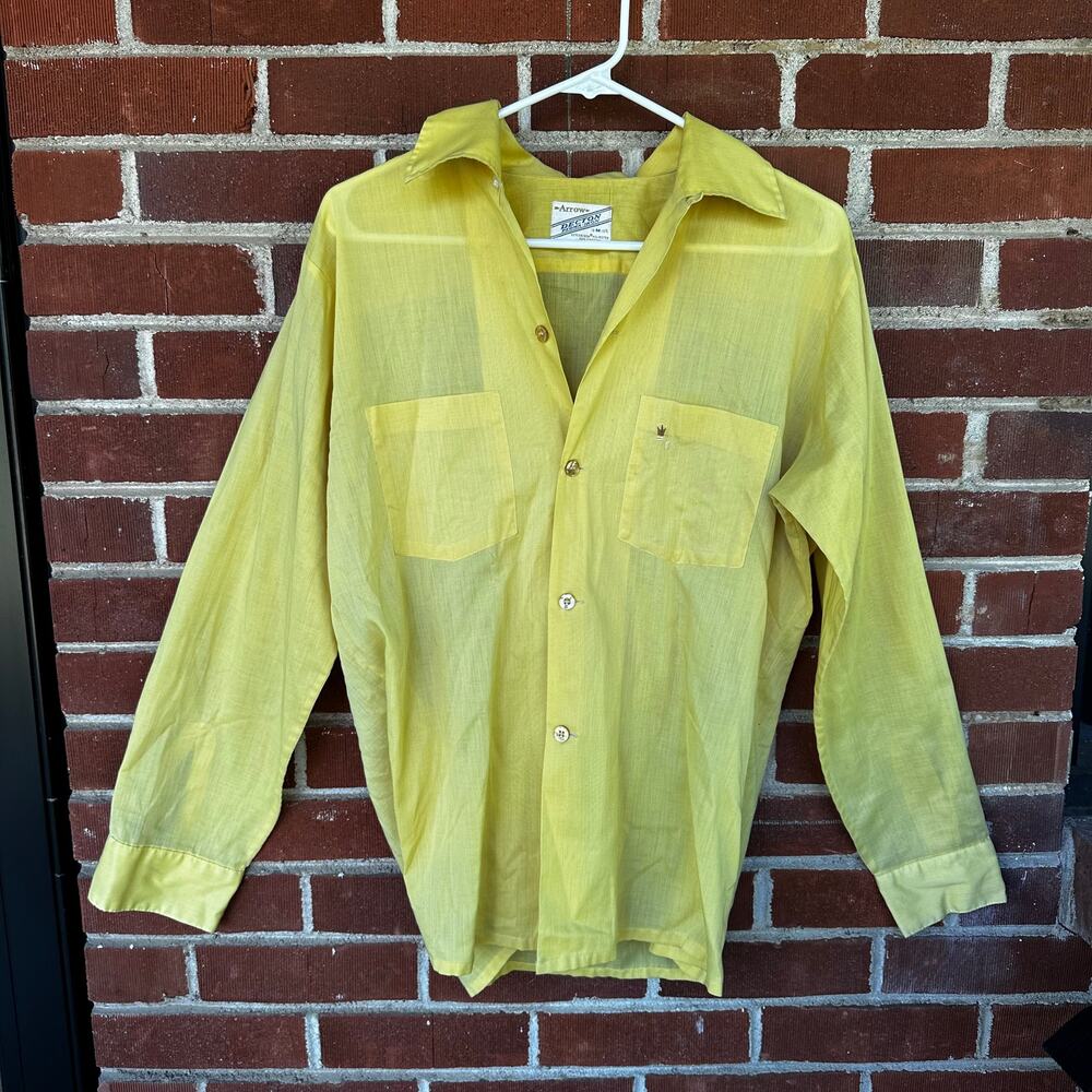 Vintage Arrow Decton Yellow Button Up Shirt Mens 15.5 Medium Retro